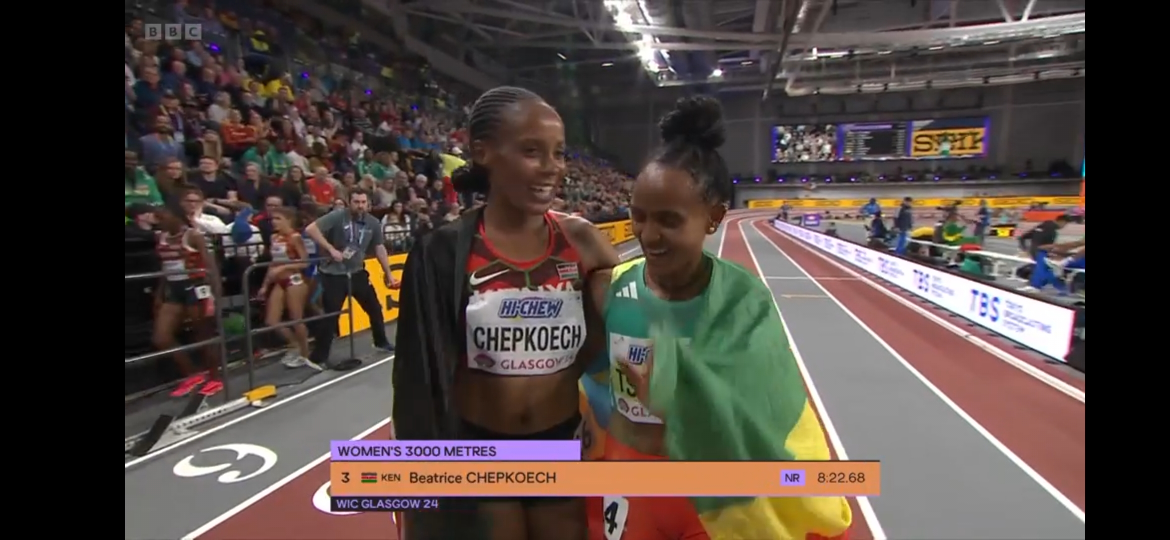 Beatrice Chepkoech smiling after securing bronze in the Women&#039;s 3000m