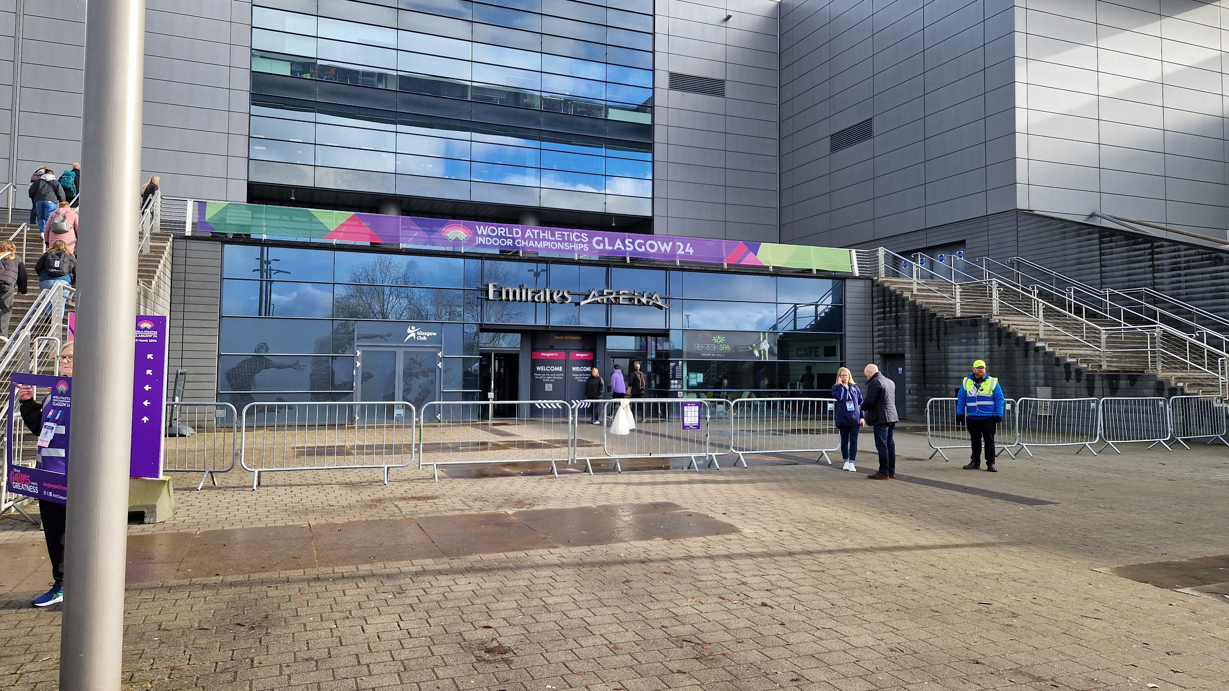 Emirates Arena entrance with event banners